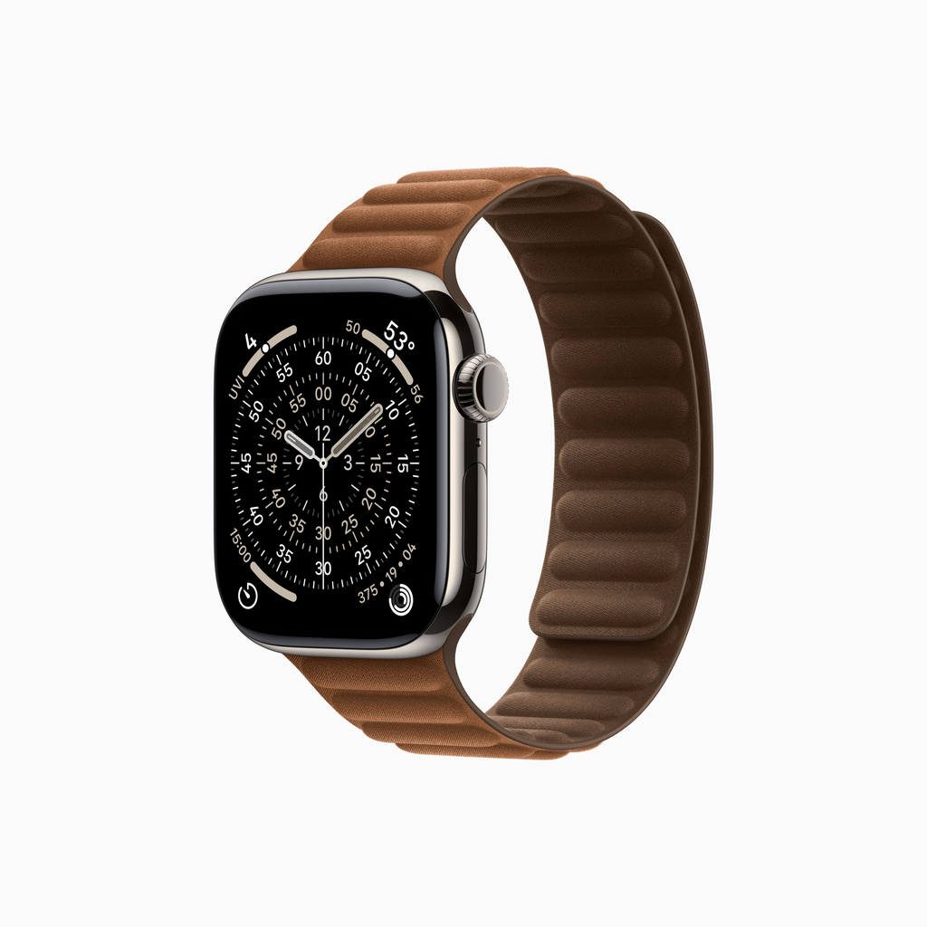 Apple Watch Series 11 Titan - Bracelet à maillons magnétique en textile (Naturel, 42 mm, Caramel, S/M)