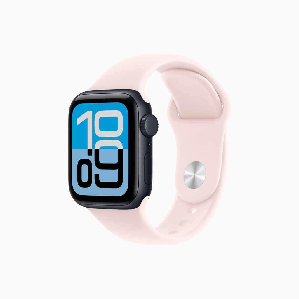 Apple Watch SE 3- Bracelet Sport en caoutchouc (Minuit, 40 mm, GPS, Rose pastel, S/M)