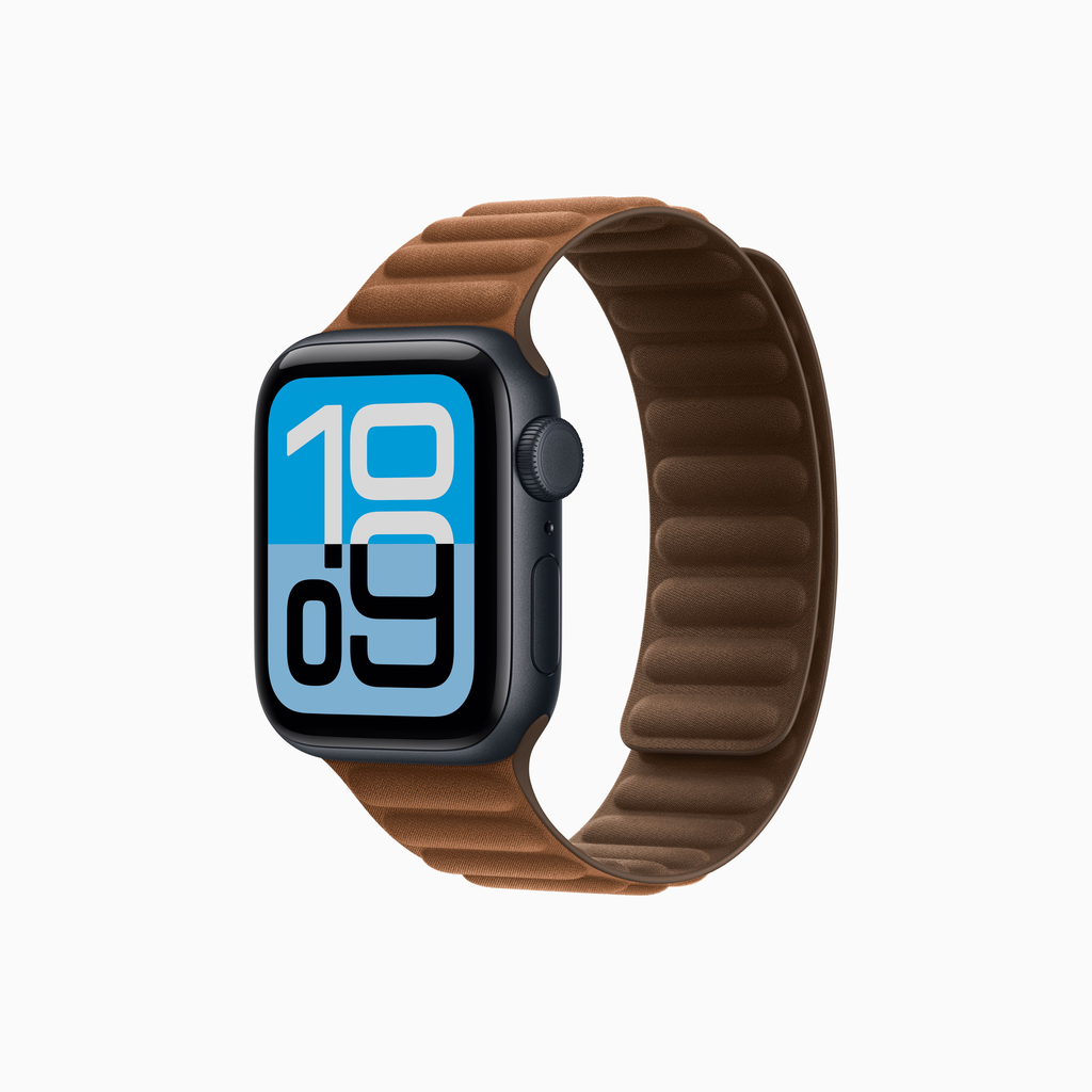 Apple Watch SE 3- Bracelet à maillons magnétique en textile (Minuit, 40 mm, GPS, Caramel, S/M)