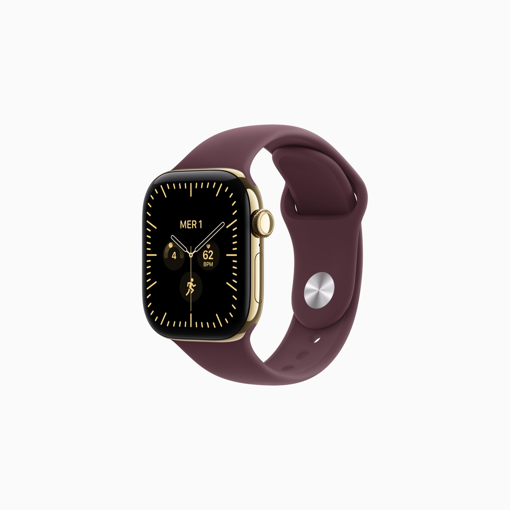 Apple Watch Series 12 Titane - Bracelet Sport en caoutchouc (Or brillant, 42 mm, Bordeaux, S/M)