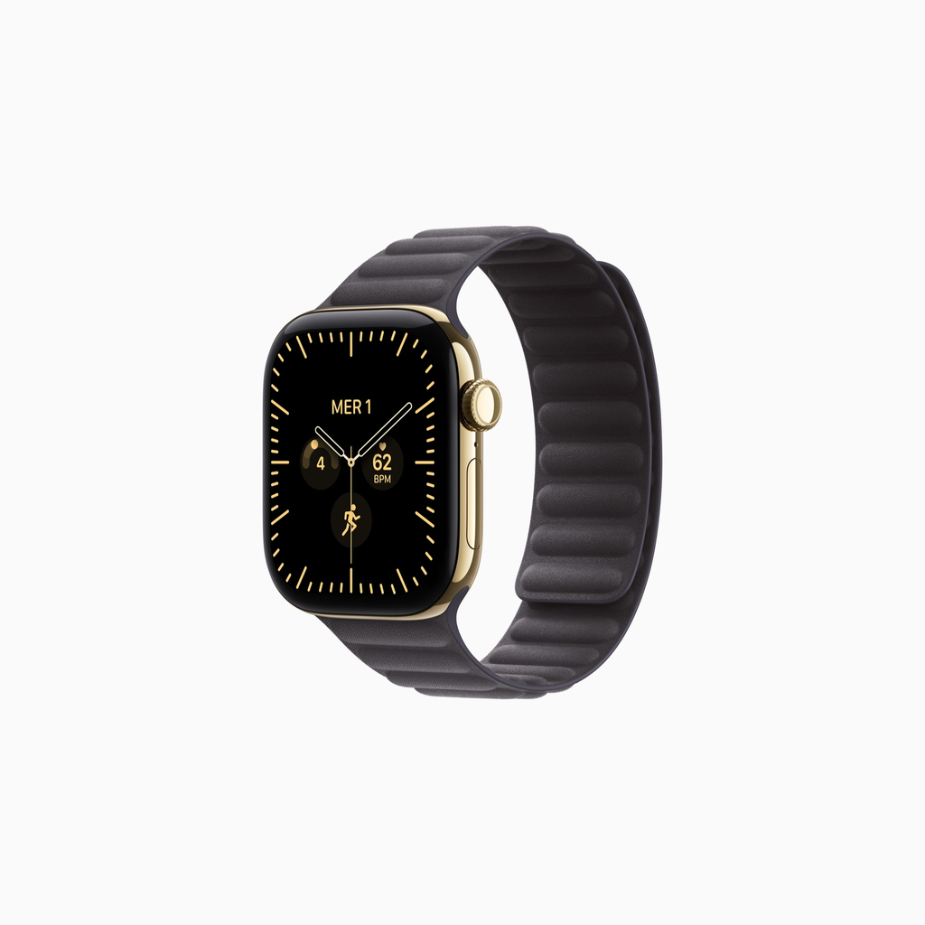 Apple Watch Series 12 Titane - Bracelet à maillons magnétique (Or brillant, 42 mm, Minuit, S/M)