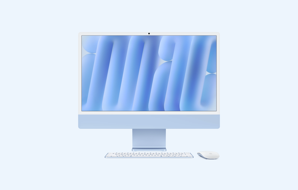 iMac (Bleu, Puce M4 avec deux ports Thunderbolt (CPU 8 cœurs, GPU 8 cœurs, Neural Engine 16 cœurs), 16 Go, 256 Go, Standard, Support (pied pour bureau))